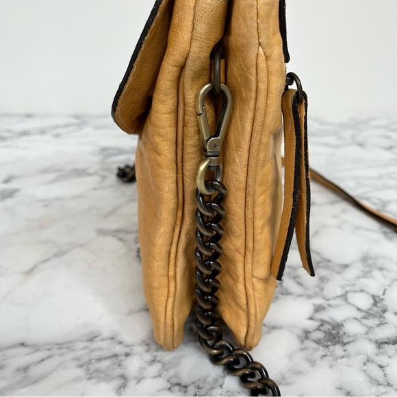 MAXON COLLECTION PEBBLED LEATHER MUSTARD YELLOW ASYMMETRIC FLAP CROSSBODY BAG - Picture 7 of 15